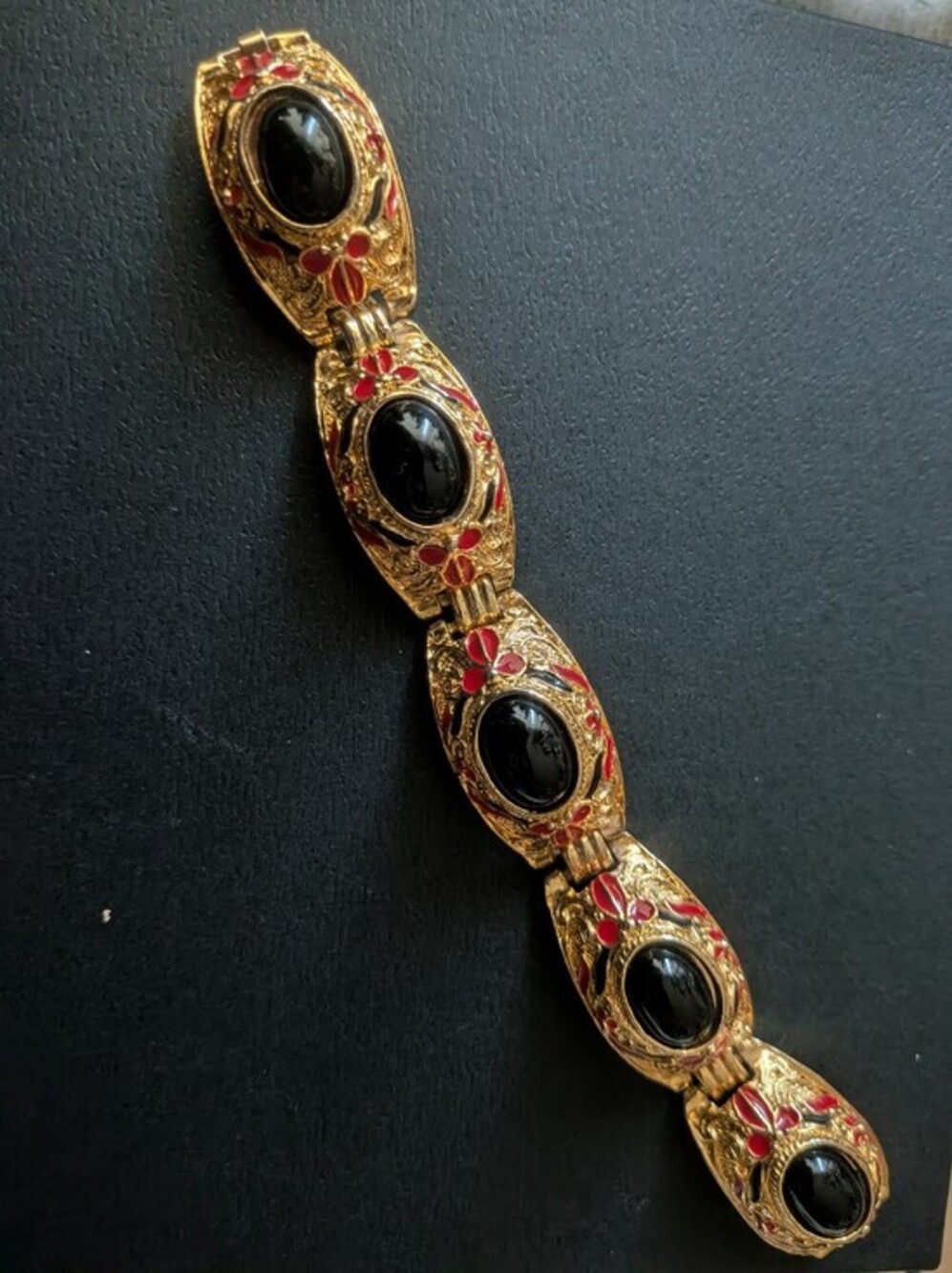 Vintage Gold Tone Black Cabochon Red Enamel Link Statement Bracelet